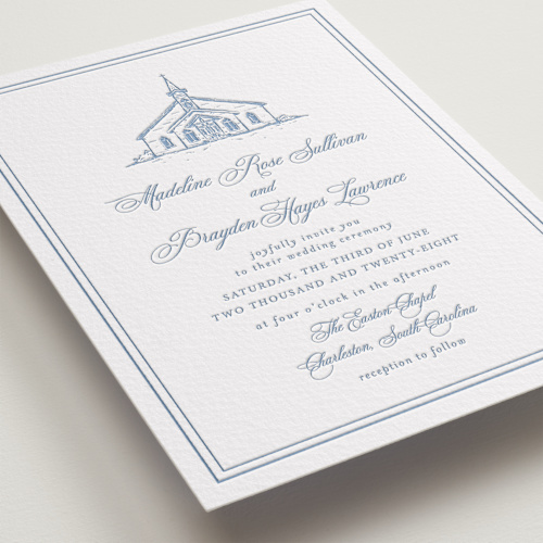 This is a provincial blue letterpress wedding invitations with letterpress by Melinda Denison called the chapel printing on somerset500 in standard