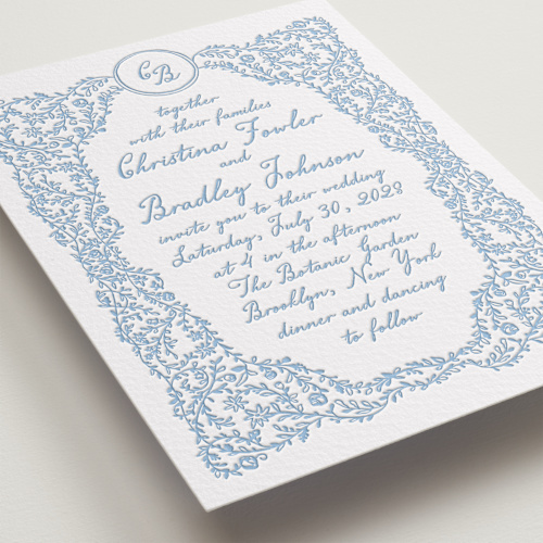 This is a sky blue letterpress wedding invitations with letterpress by Creo Study called garden romance printing on somerset500 in standard