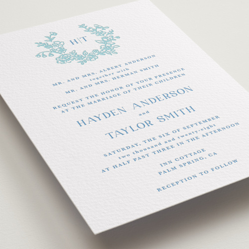 This is a robin's egg letterpress wedding invitations with letterpress by Cass Loh called flowers monogram printing on white cotton in standard