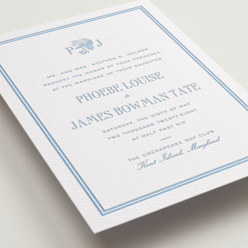 This is a sky blue letterpress wedding invitations with letterpress by Megan Davis called chesapeake printing on somerset500 in standard
