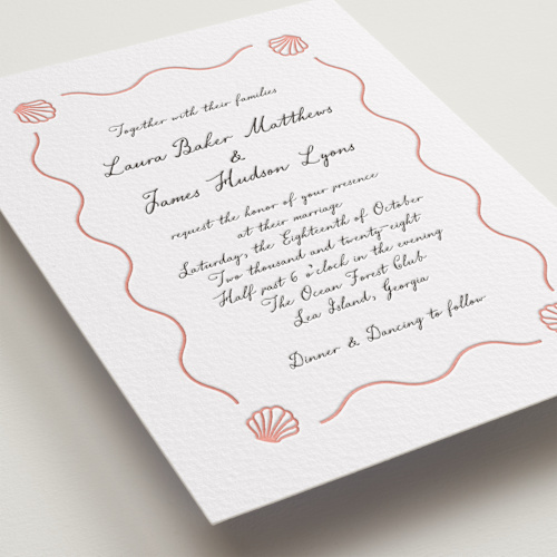 This is a peach letterpress wedding invitations with letterpress by Alston Foster called ocean love printing on somerset500 in standard
