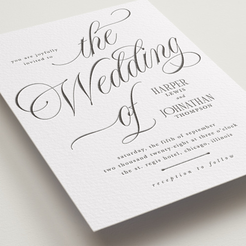 This is a soft black letterpress wedding invitations with letterpress by Kate Ahn called mirin printing on somerset500 in standard