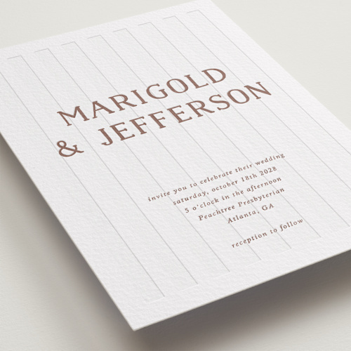 This is a burnt sienna letterpress wedding invitations with letterpress by Kelly Watkins called stripes printing on coventry320 in standard