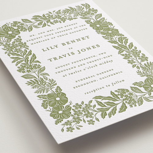 This is a pistachio letterpress wedding invitations with letterpress by Sarah Knight called ethereal gardens printing on somerset500 in standard