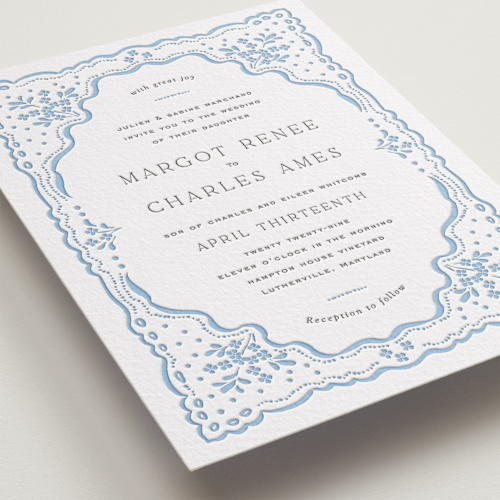 This is a sky blue letterpress wedding invitations with letterpress by Erin L. Wilson called margot printing on somerset500 in standard