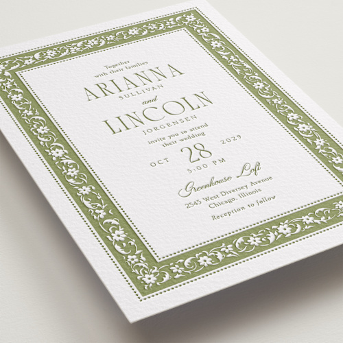 This is a pistachio letterpress wedding invitations with letterpress by Robert and Stella called darcy printing on somerset500 in standard