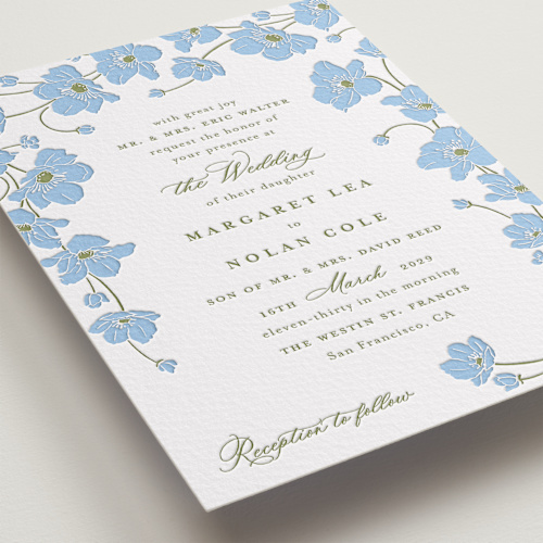 This is a sky blue letterpress wedding invitations with letterpress by letterfix called anemones printing on somerset500 in standard
