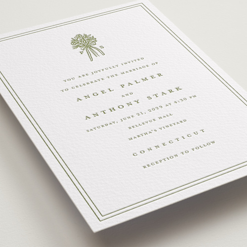 This is a pistachio letterpress wedding invitations with letterpress by Lori Wemple called wedding bouquet printing on somerset500 in standard