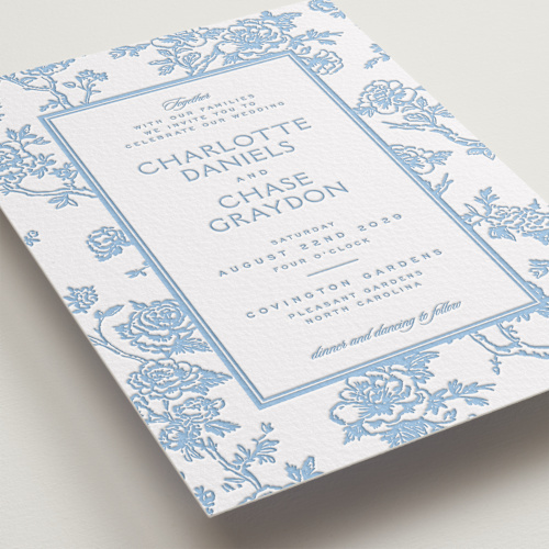 This is a sky blue letterpress wedding invitations with letterpress by Jenna Holcomb called classic toile printing on somerset500 in standard