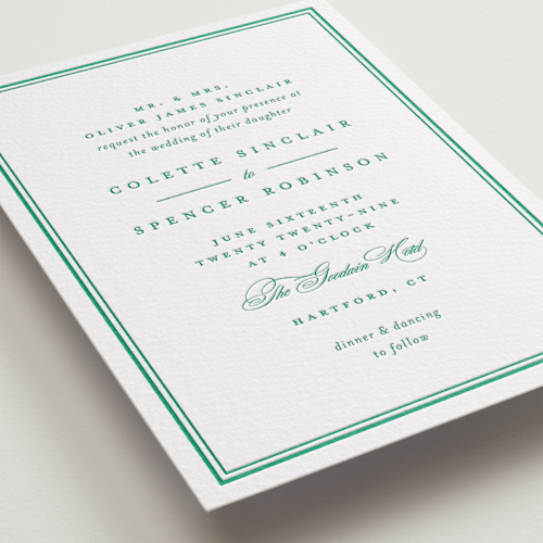 This is a shamrock letterpress wedding invitations with letterpress by Olivia Raufman called hartford printing on somerset500 in standard