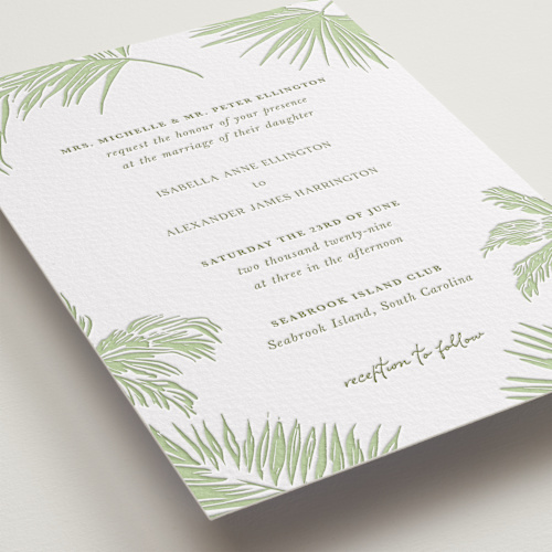 This is a tea green letterpress wedding invitations with letterpress by Lucrecia Caporale called shoreline elegance printing on somerset500 in standard