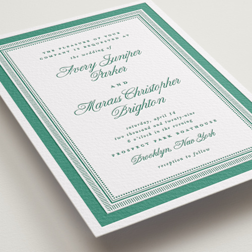 This is a cucumber letterpress wedding invitations with letterpress by Kelly Watkins called archer printing on somerset500 in standard