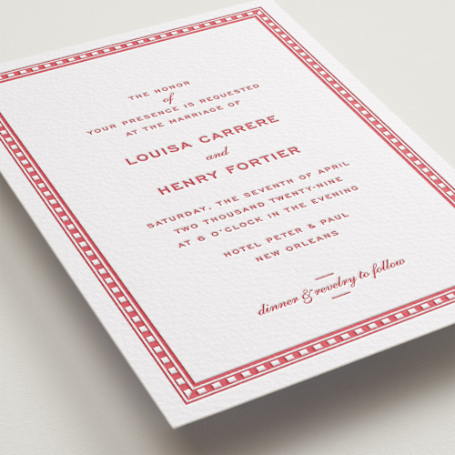 This is a scarlet letterpress wedding invitations with letterpress by Megan Davis called larkin printing on somerset500 in standard
