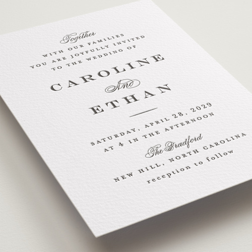 This is a soft black letterpress wedding invitations with letterpress by Carolyn MacLaren called proper printing on somerset500 in standard