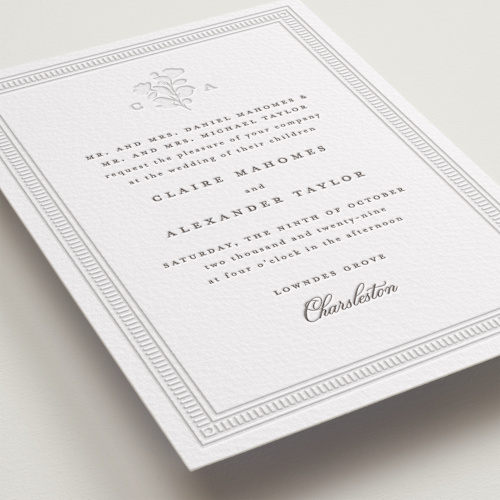 This is a graphite letterpress wedding invitations with letterpress by Creo Study called heirloom printing on somerset500 in standard