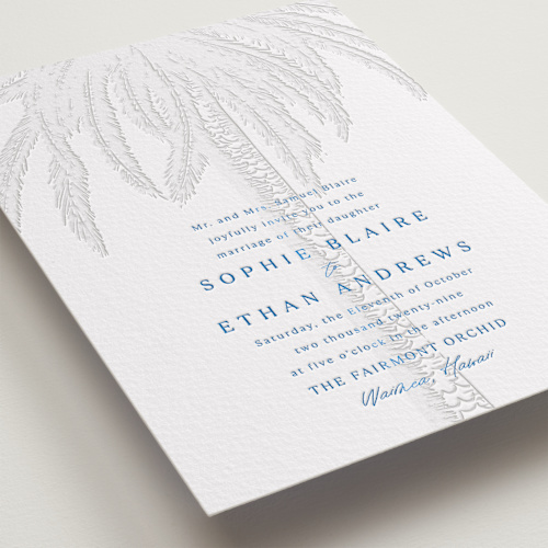 This is a sapphire letterpress wedding invitations with letterpress by Kaydi Bishop called palm tree printing on somerset500 in standard