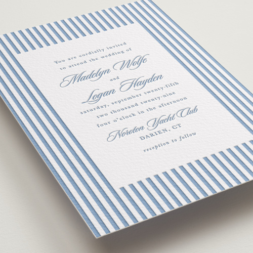 This is a provincial blue letterpress wedding invitations with letterpress by Morgan Kendall called catamaran printing on somerset500 in standard