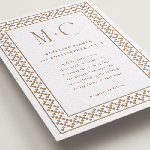 This is a matte gold letterpress wedding invitations with letterpress by Angela Garrick called parker printing on somerset500 in standard