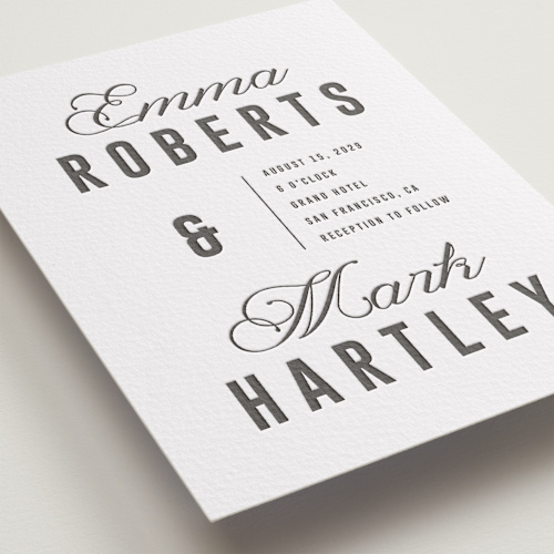 This is a soft black letterpress wedding invitations with letterpress by Sumak Studio called bold & elegant printing on somerset500 in standard