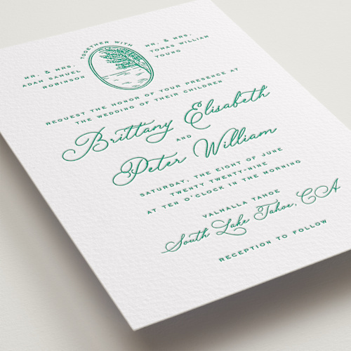 This is a shamrock letterpress wedding invitations with letterpress by Claudia Orengo called lakeview printing on somerset500 in standard