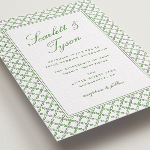 This is a pear letterpress wedding invitations with letterpress by Angela Garrick called garden trellis printing on somerset500 in standard
