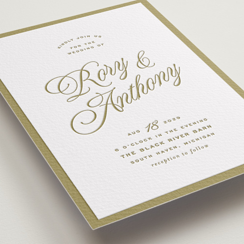 This is a surplus green letterpress wedding invitations with letterpress by Ellen Schlegelmilch called rory printing on somerset500 in standard