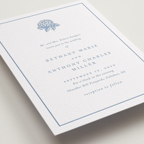 This is a sky blue letterpress wedding invitations with letterpress by Stacey Meacham called hydrangea bloom printing on somerset500 in standard