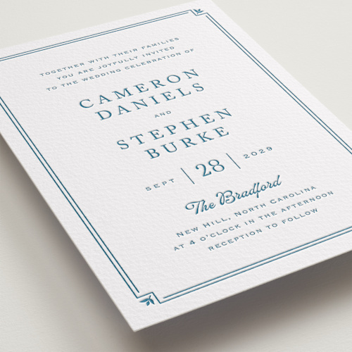 This is a denim letterpress wedding invitations with letterpress by Carolyn MacLaren called fleur corner printing on somerset500 in standard