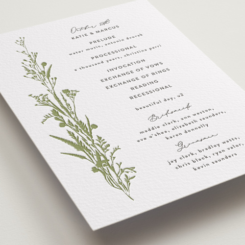 This is a pistachio unique wedding programs with letterpress by Susan Moyal called gathered printing on somerset500 in standard