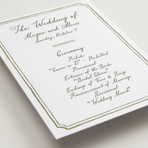This is a moss unique wedding programs with letterpress by Cass Loh called handwritten printing on somerset500 in standard