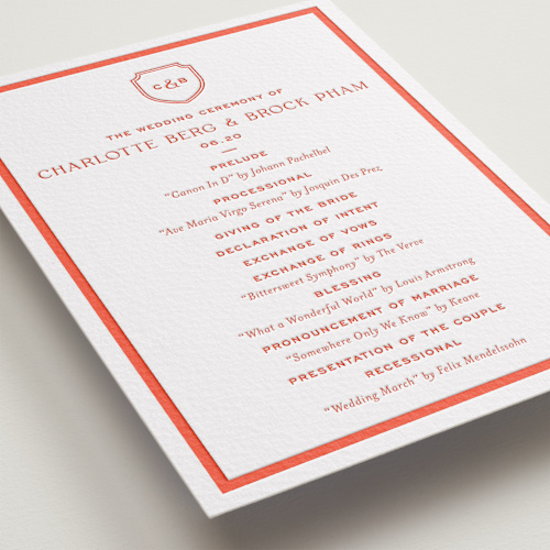 This is a verona sunset unique wedding programs with letterpress by Megan Davis called racquet printing on somerset500 in standard
