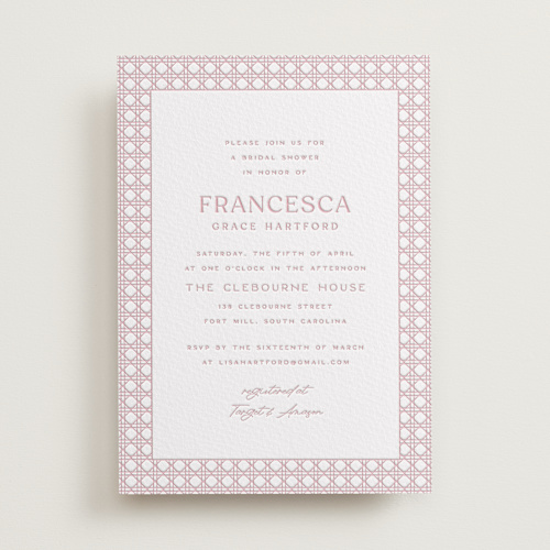 This is a peony bridal shower invitations with letterpress by Ellen Schlegelmilch called delicate rattan printing on white cotton in standard