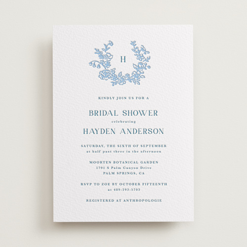 This is a sky blue bridal shower invitations with letterpress by Cass Loh called flowers monogram printing on somerset500 in standard