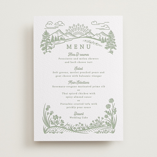 This is a olive menu cards with letterpress by Paper Sun Studio called on the horizon printing on white cotton in standard