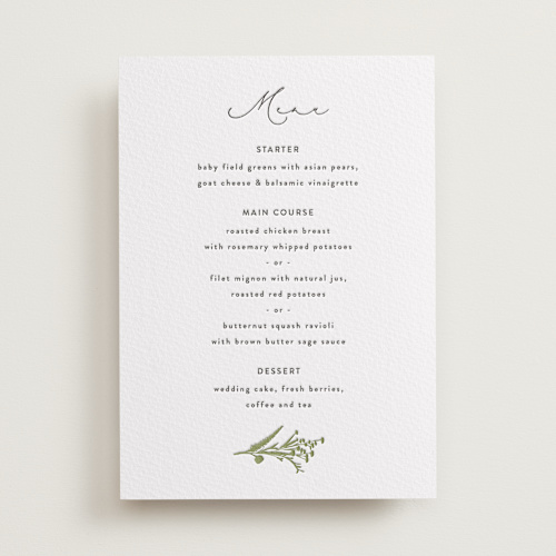 This is a pistachio menu cards with letterpress by Susan Moyal called gathered printing on somerset500 in standard