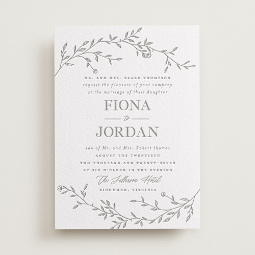 This is a ash letterpress wedding invitations with letterpress by Vera Lim called jasmine printing on somerset500 in standard