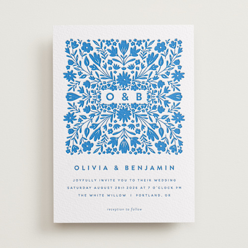 This is a sapphire letterpress wedding invitations with letterpress by Stephanie Hawkes called floral stamp printing on somerset500 in standard