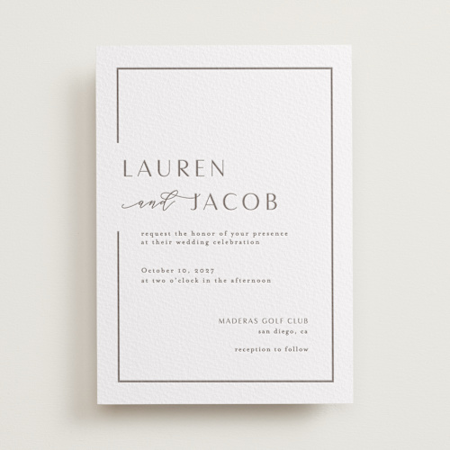 This is a graphite letterpress wedding invitations with letterpress by Nicole Walsh called asymmetry printing on white cotton in standard