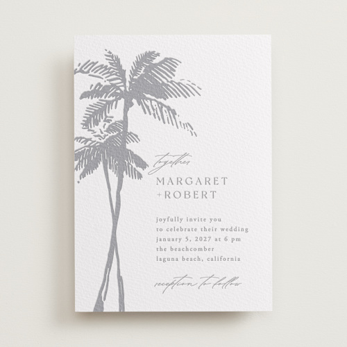 This is a granite letterpress wedding invitations with letterpress by Janean Hinger called warm winds printing on white cotton in standard