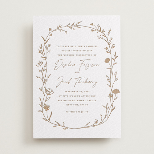 This is a matte gold letterpress wedding invitations with letterpress by chocomocacino called mille-feuille printing on somerset500 in standard