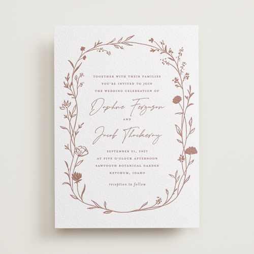 This is a cinnamon letterpress wedding invitations with letterpress by chocomocacino called mille-feuille printing on white cotton in standard