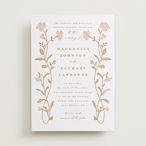 This is a faux gold letterpress wedding invitations with letterpress by Everett Paper Goods called mirror floral printing on somerset500 in standard
