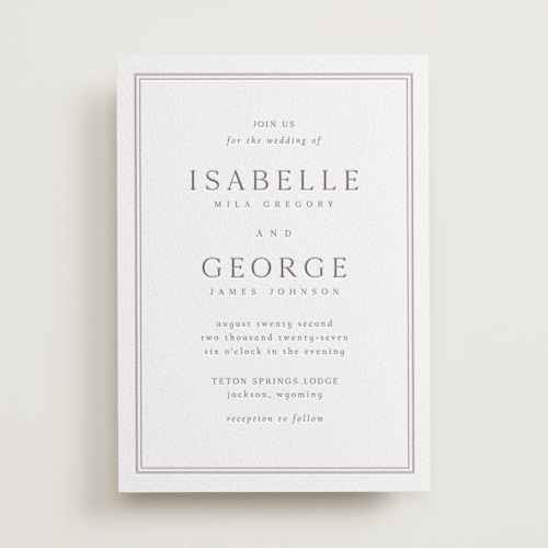 This is a dove grey letterpress wedding invitations with letterpress by Nicole Walsh called formal serif printing on somerset500 in standard