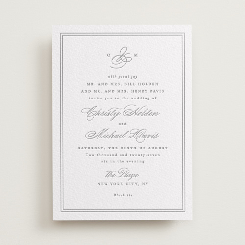 This is a matte silver letterpress wedding invitations with letterpress by Creo Study called monogrammed eternity printing on somerset500 in standard