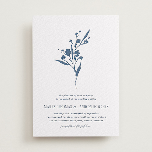 This is a indigo letterpress wedding invitations with letterpress by Kate Ahn called helena printing on somerset500 in standard