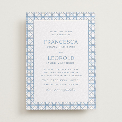 This is a sky blue letterpress wedding invitations with letterpress by Ellen Schlegelmilch called delicate rattan printing on somerset500 in standard
