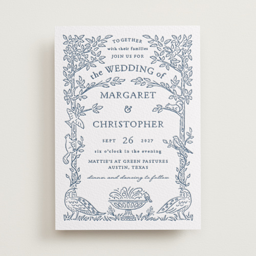 This is a indigo letterpress wedding invitations with letterpress by Paper Sun Studio called whimsical woodland printing on somerset500 in standard