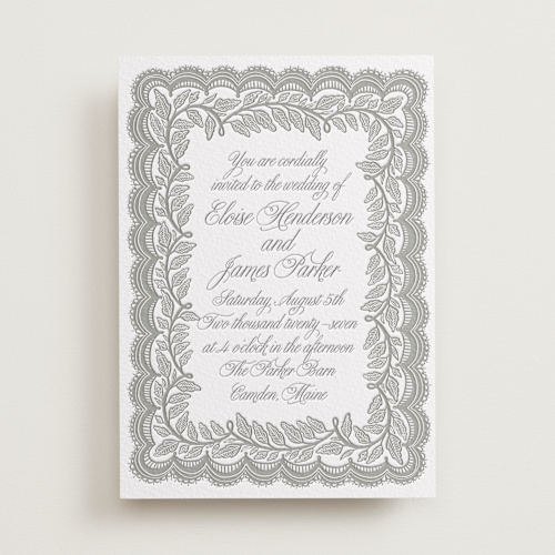 This is a gravel letterpress wedding invitations with letterpress by Katharine Watson called bridal veil printing on somerset500 in standard