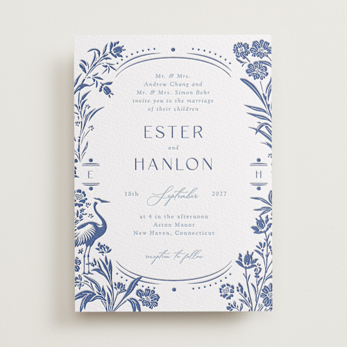 This is a lapis letterpress wedding invitations with letterpress by Corinne Malesic called porcelain garden printing on somerset500 in standard