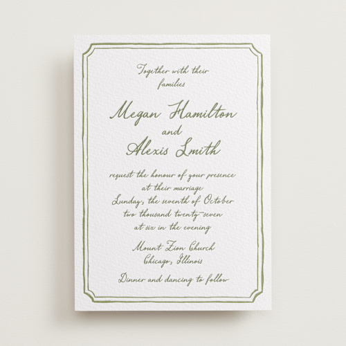 This is a artichoke letterpress wedding invitations with letterpress by Cass Loh called handwritten printing on white cotton in standard